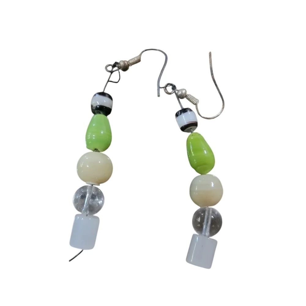 Green and cream bead earrings